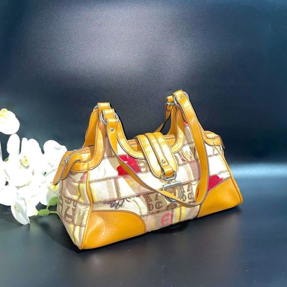 Etienne Aigner Handbags - Etienne Aigner Signature Canvas Leather Trim Shoulder Bag Tan Medium